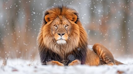  A lion reclining in the snow, head tilted to the side, eyes open