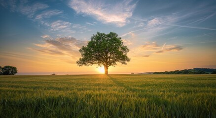 Fototapeta premium Solitary Sunset: Lone Tree Amidst Wheat Field