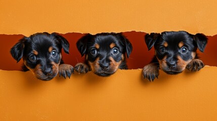  A group of puppies poised at the edge of a hole in the wall, paws curiously placed on its rim