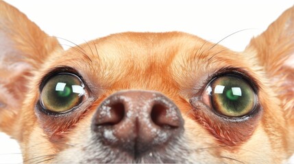  A tight shot of a canine's expressive face, showcasing wide-eyed surprise in its emerald orbs