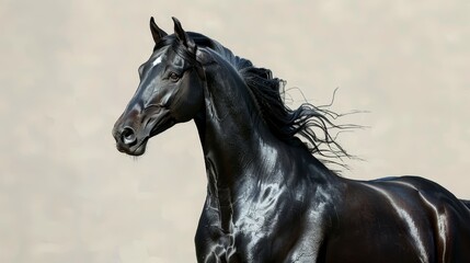  A tight shot of a black horse featuring a white marking on its face and a brown patch on the back of its head