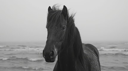  A black horse atop a beach, near a vast body of water, on a foggy day - Powered by Adobe