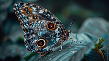  A tight shot of a butterfly perched on a leaf, revealing its blue and orange back wings' intricate pattern