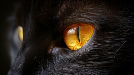  A tight shot of a black cat's face reveals a reflective yellow eye