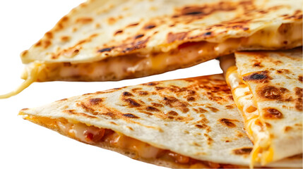  A close-up of a cheese quesadilla, with layers of melted cheese between crispy tortillas, transparent background