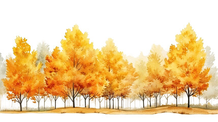 Autumn trees watercolor horizontal banner isolated on a transparent background.