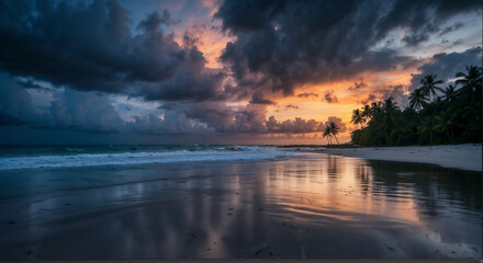 Landscape of tropical beach with beautiful sunset over Pacific Ocean with palm trees, calm waves, enchanting atmosphere, coconuts, colorful sky, photorealistic