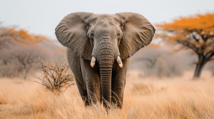  An elephant wanders through a dry grassfield, surrounded by trees in the background The expanse of blue sky lies overhead