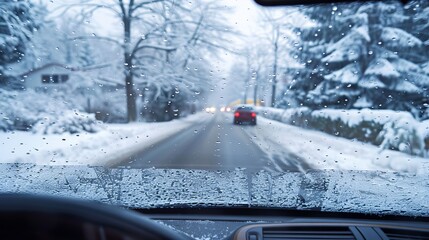 Obraz premium Scene viewed through the windshield of a car, depicting wet and snowy winter conditions.