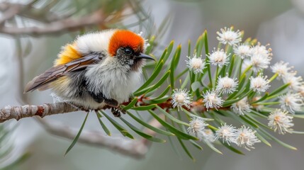  A small bird sits on a pine branch, surrounded by white flowers in the foreground The background is softly blurred - Powered by Adobe