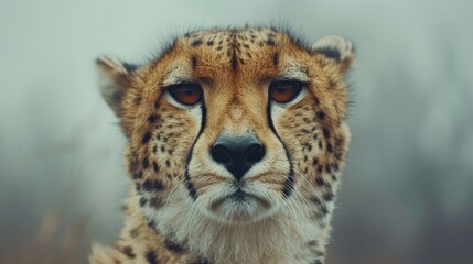  A tight shot of a cheetah's expressive face, surrounded by an out-of-focus backdrop of swaying grasses and leafy trees