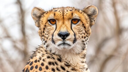  A tight shot of a Cheetah's expressive face, surrounded by an out-of-focus backdrop of trees