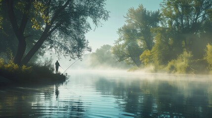 A tranquil morning fishing by the river, with mist rising off the calm water