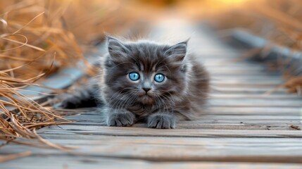  A tiny gray kitten with blue eyes walks on a wooden walkway surrounded by dry grass on both sides - Powered by Adobe