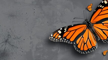  Group of orange and black butterflies against a gray backdrop Upper right corner reserved for text