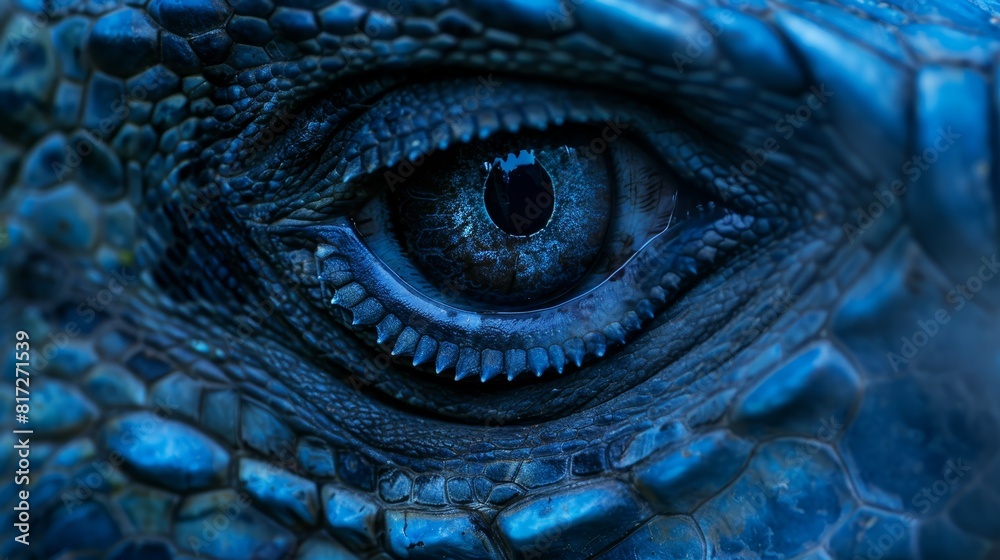 Poster  A tight shot of a dragon's eye, revealing intricate detail in its scaly skin and the application of expressive eyeshadow