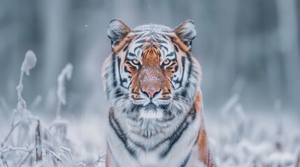  A tight shot of a tiger in a lush field of tall grass, dotted with snow-covered ground Trees line the background