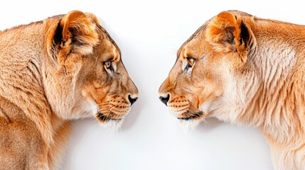  Two lions, heads touching at foreheads, before white backdrop