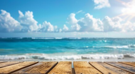 Fototapeta premium wooden table top with blurred background of sea and sky, summer vacation concept, banner design for product display presentation template 