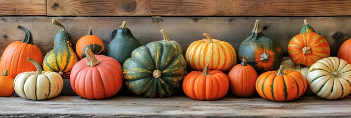 A diverse assortment of pumpkins and gourds set against a rustic wooden background for autumn