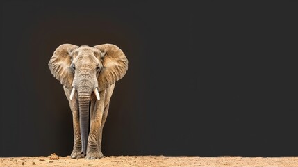  An elephant, trunk raised high, stands on a dirt field, head turned to the side - Powered by Adobe