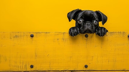  A small black dog peers out from a yellow wall, paws resting at the edge