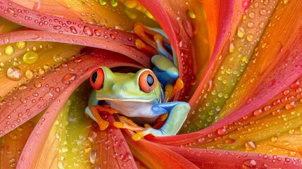  A tight shot of a frog atop a bloom, surrounded by water beads on both the flower petals and its face