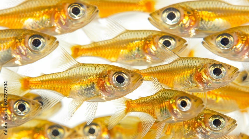 Wall mural  A cluster of tiny yellow fish aligned beside one another atop a pristine white plexiglas sheet