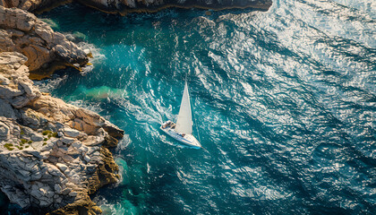 Obraz premium Regatta sailing ship yachts with white sails at opened sea