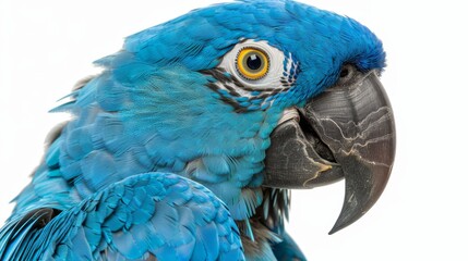  A tight shot of a blue parrot's head In the foreground, a yellow-eyed bird is situated