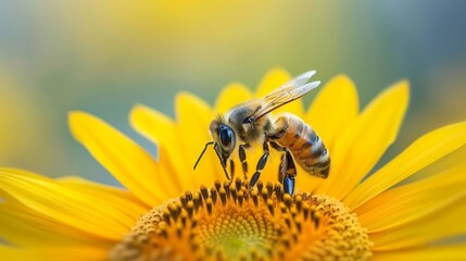  A bee hovering over a sunflower's yellow petals against a blue sky background