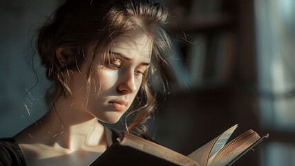 pretty young woman reading a book, woman with book, woman is studying