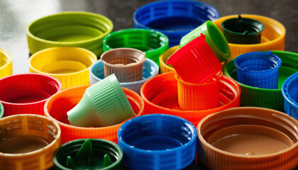 Plastic caps. Multicolored plastic lids. Plastic recycling