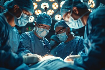 eam of surgeons performing a complex operation in a well-lit operating room