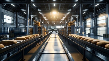 Conveyor system transporting freshly baked goods through a large-scale bakery.