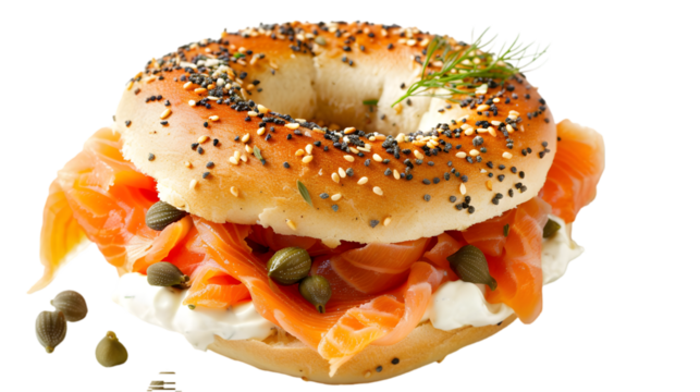  A close-up of a lox bagel with smoked salmon, capers, dill, and cream cheese, transparent background