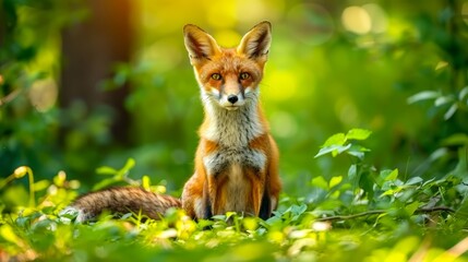  A tight shot of a fox amidst a field of waving grasses Trees line the horizon, their leaves bathed in sunlight that filters through them