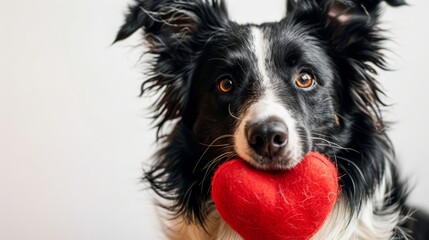  A black-and-white dog holds a red heart in its mouth, tongues out
