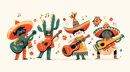 Set of happy Mexican food characters playing musica