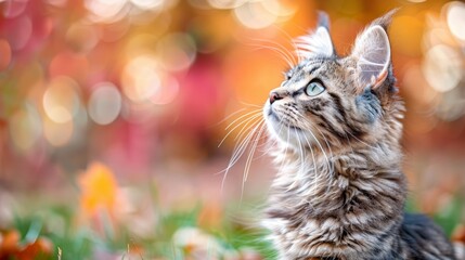  A tight shot of a feline in a sea of green grass, surrounded by indistinct lights in the backdrop The backdrop itself is also blurred