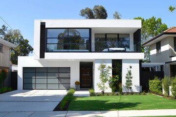 Modern Landscaping. White Residential Home Exterior with Double Garage Door