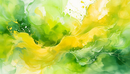 Watercolor abstract painting. Stains in water, green and yellow colors. Modern hand drawn art.