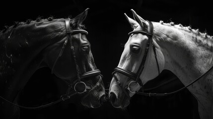  Two horses standing side by side, heads touching at foreheads, in a monochrome scheme