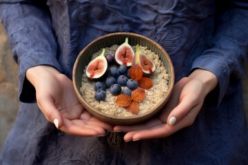 woman's hands holding bowl of porridge with sliced figs, blueberries and dried berries