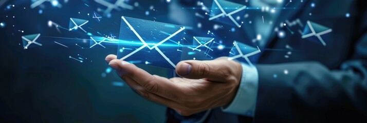 Fototapeta premium Marketing Letter. Male Hand Holding Email Icon Symbol for Contact Us with Newsletter and Spam