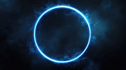 Light Circle. Blue neon glowing glare circle with rays isolated on black background