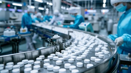 Obraz premium Workers in a pharmaceutical manufacturing facility operating automated pill packaging machines.