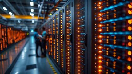 Big Data Center Female Chief Technology Officer Using Laptop Standing In Warehouse, Activates Servers, Information Digitalization Starts. SAAS, Cloud Computing, Web Service