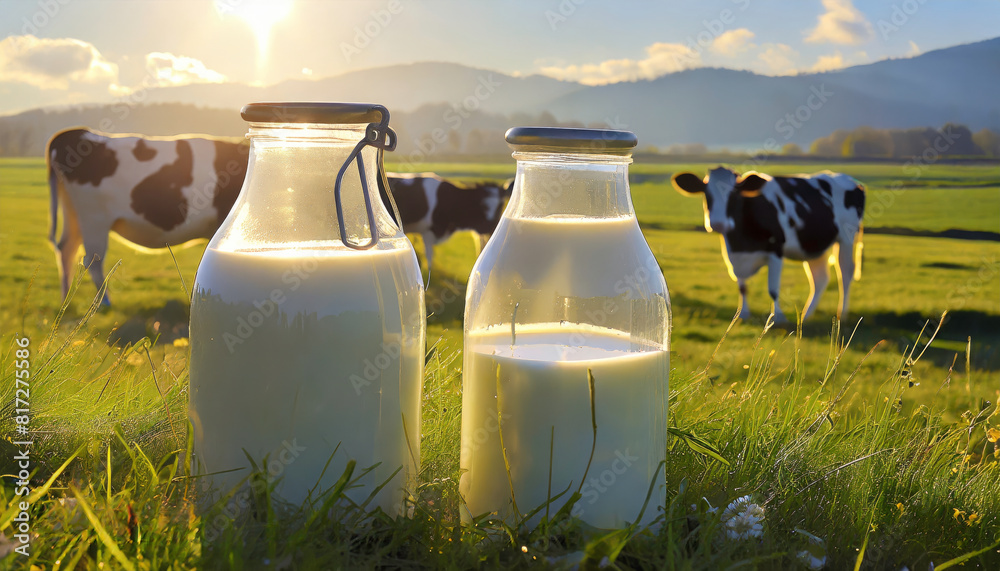 Wall mural milk bottle on a meadow