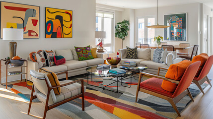 Art Home. Modern colorful living room Interior with furniture and paintings